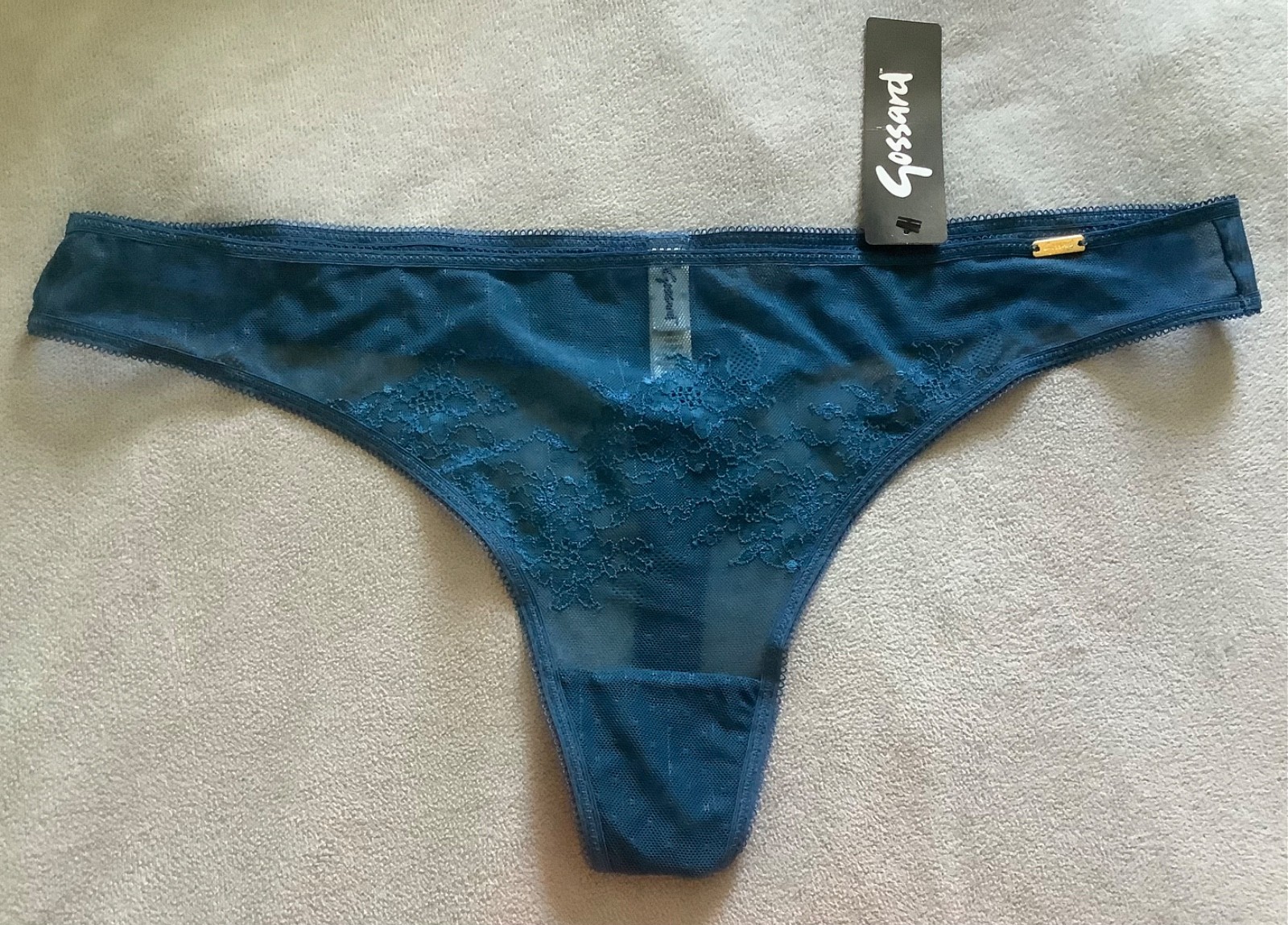 Gossard Glossies – Teal Blue Mesh & Lace Thong Size XL – BNWT
