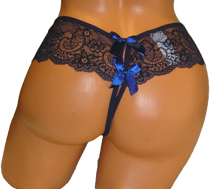 Panties Lingerie Bow Front & Back Dark Blue Lace Crotchless, 0XL Adult Gift