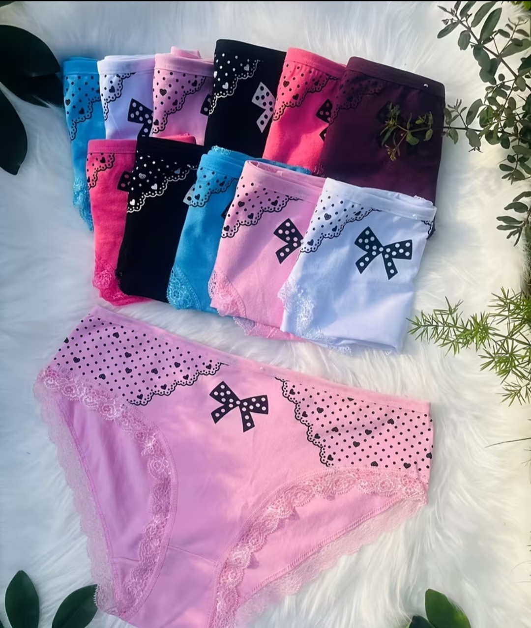 12pcs Elegant Contrast Lace Briefs Size M, L, Xl with Bow and Heart Print.