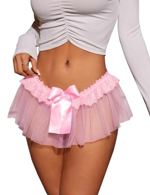 Women’s Mesh Babydoll Lingerie Cute Bow Tie Ruffle Lace Trim Thong Small Pink