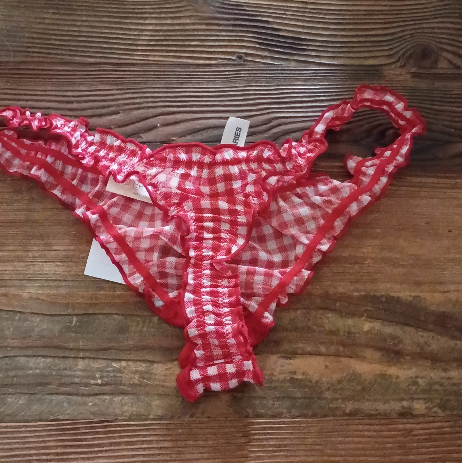Women’s No Boundaries Cherry Red Gingham Mesh Lace Thong Panties Size S