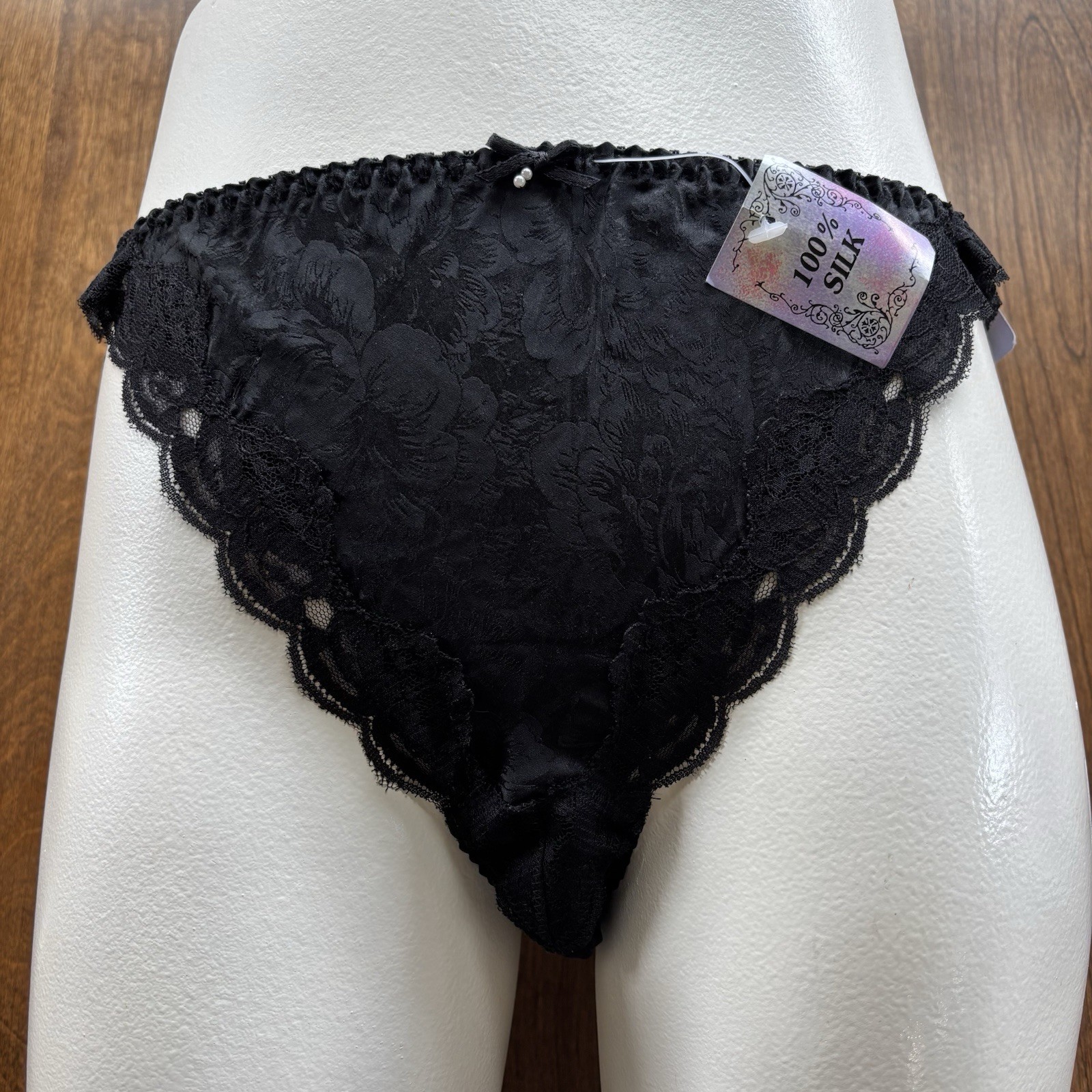 Vintage Silkscreen 100% Silk Lace String Bikini Panty Small Black – NWT