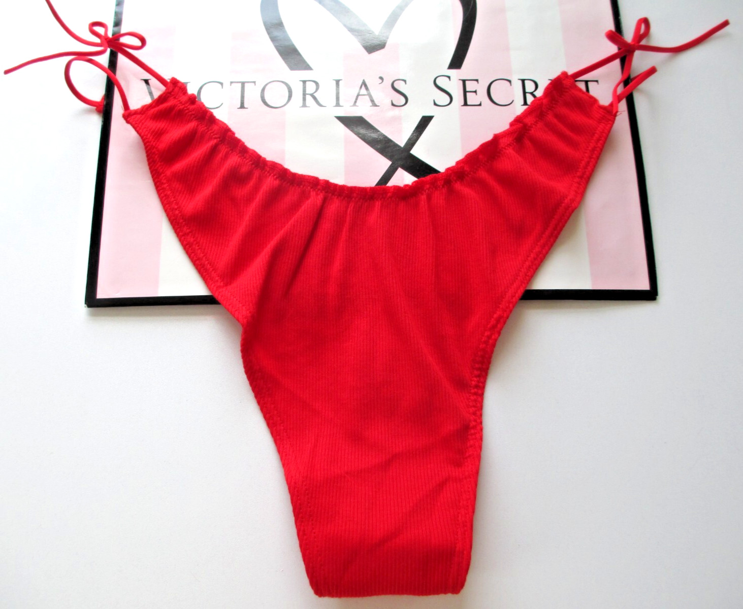 VICTORIA’S SECRET PINK Cotton High Leg Thong Panty S M L Red NWT Ruffle Bow Tie