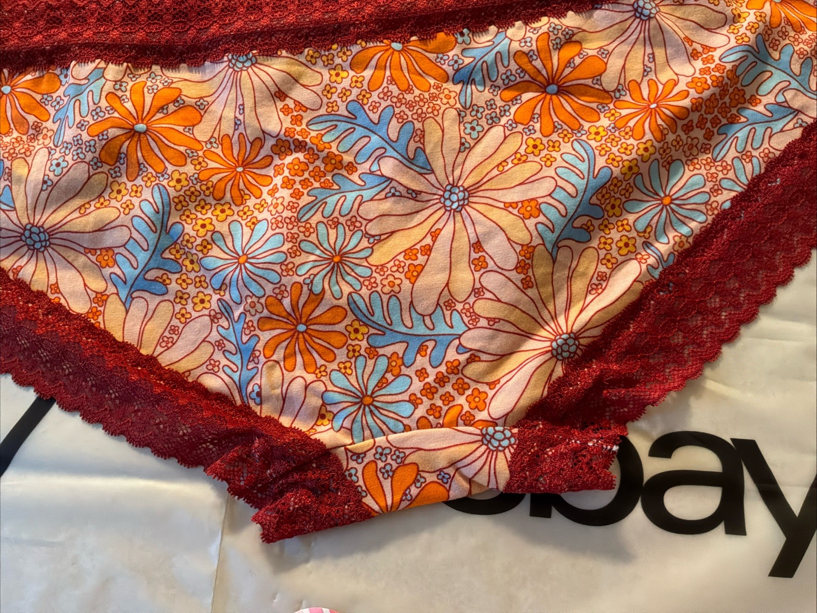 NWT Splendies Cotton Bikini 1XL Panties 1-Blue Stripe & 1-Orange Floral LaceTrim