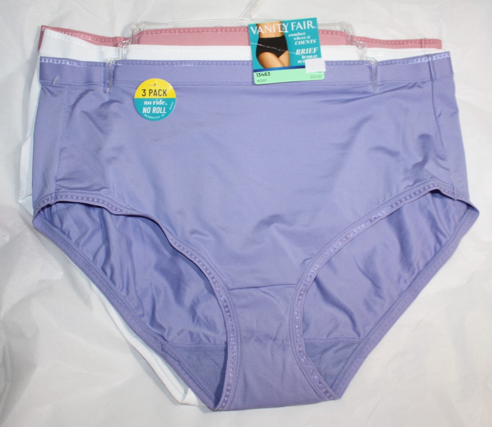 NWT set/3 VANITY FAIR no ride up no roll BRIEFS 13463 PERIWINKLE ROSE WHITE 3XL
