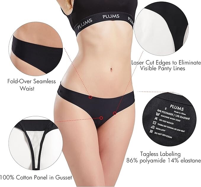 PLUMS Underwear Co Women’s 7 Packs Laser-Cut Seamless Thong Brief Black Panties
