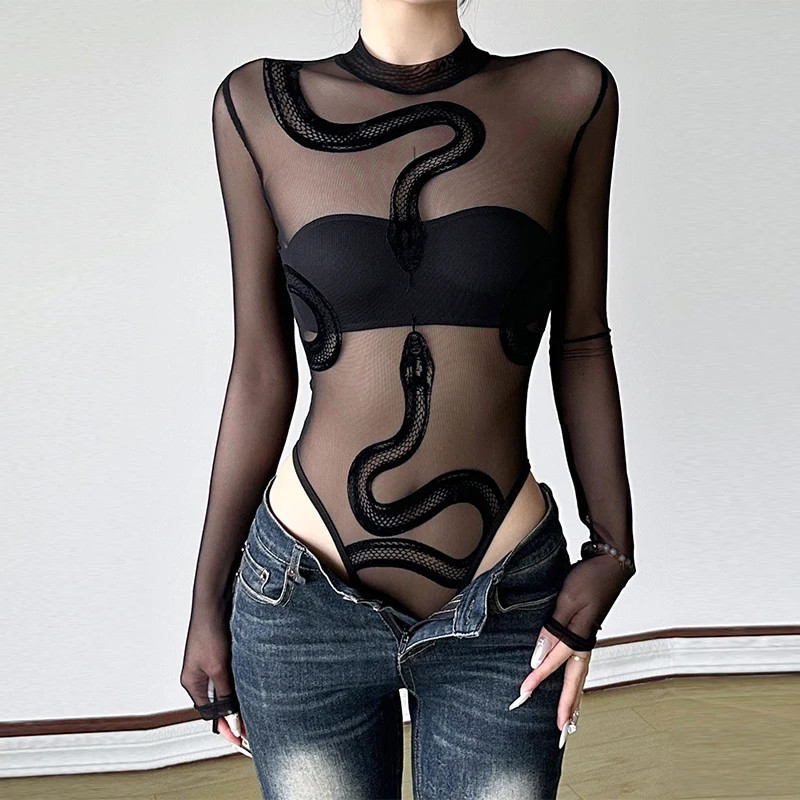 New spicy girl snake print perspective sexy splicing round neck mesh bodysuits