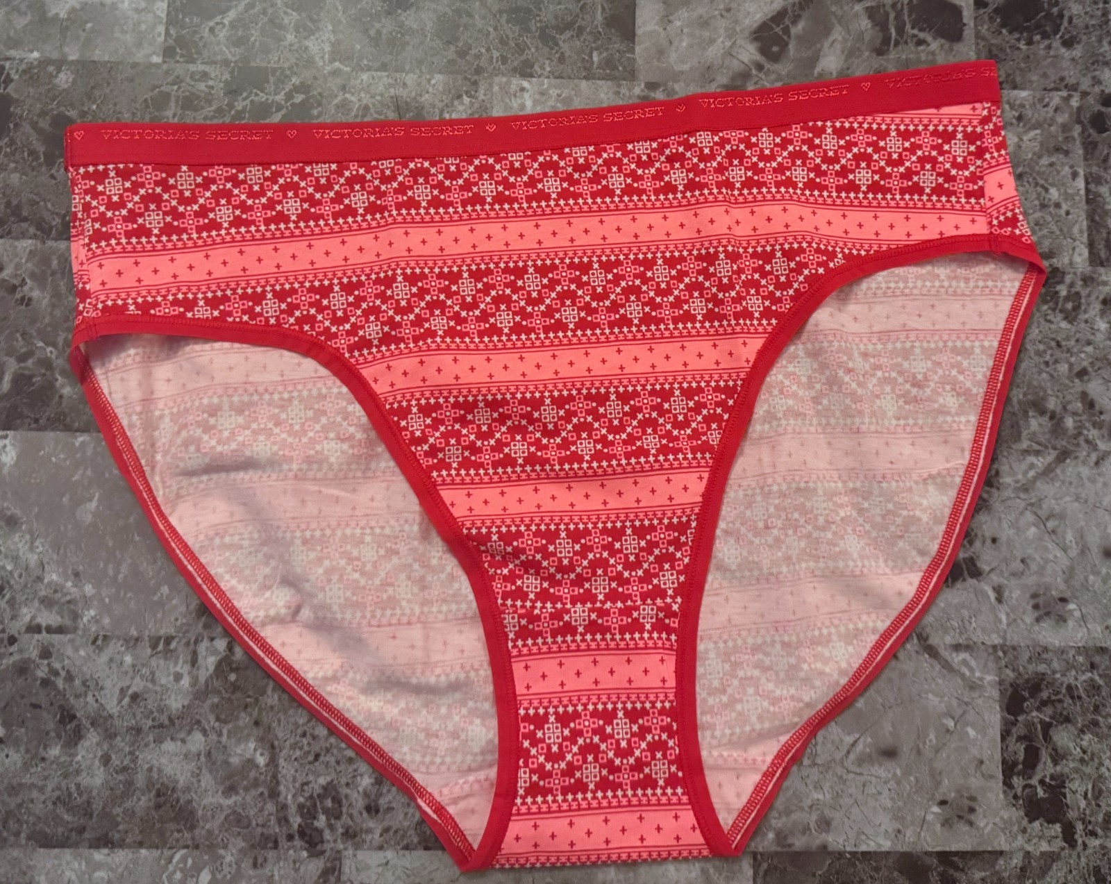 NWT VICTORIA’S SECRET L RED PINK FAIR ISLE LOGO BAND RARE HIGH LEG BRIEF PANTIES
