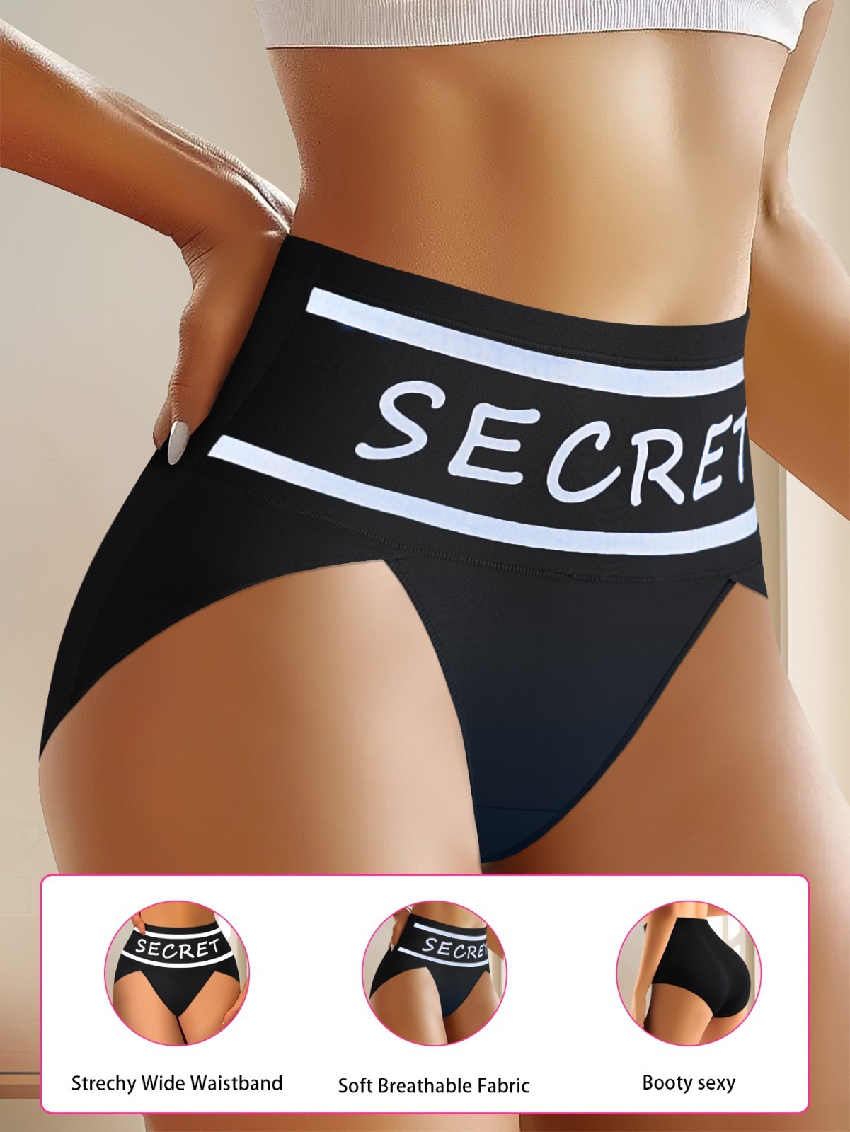 2 Pack High Waist Letter Print Bikini Panties Breathable Milk Silk Tummy Control