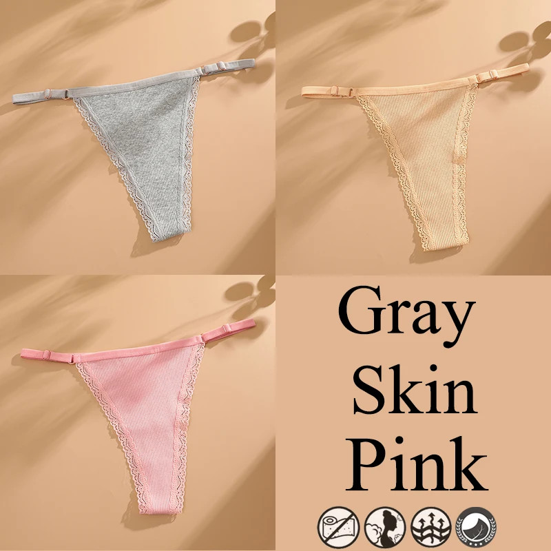 3pc Women Lace Thongs G-String Low Rise Panties Adjustable Waist Underwear