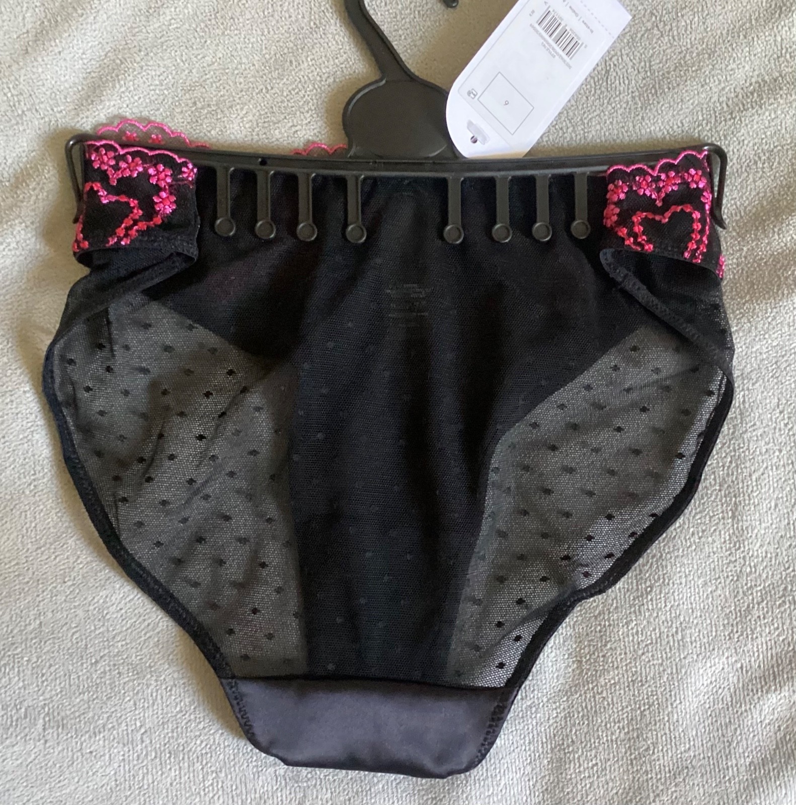 GEORGE Black with Embroidered Pink Hearts Satin,Lace & Mesh Knickers Sz 6 -BNWT