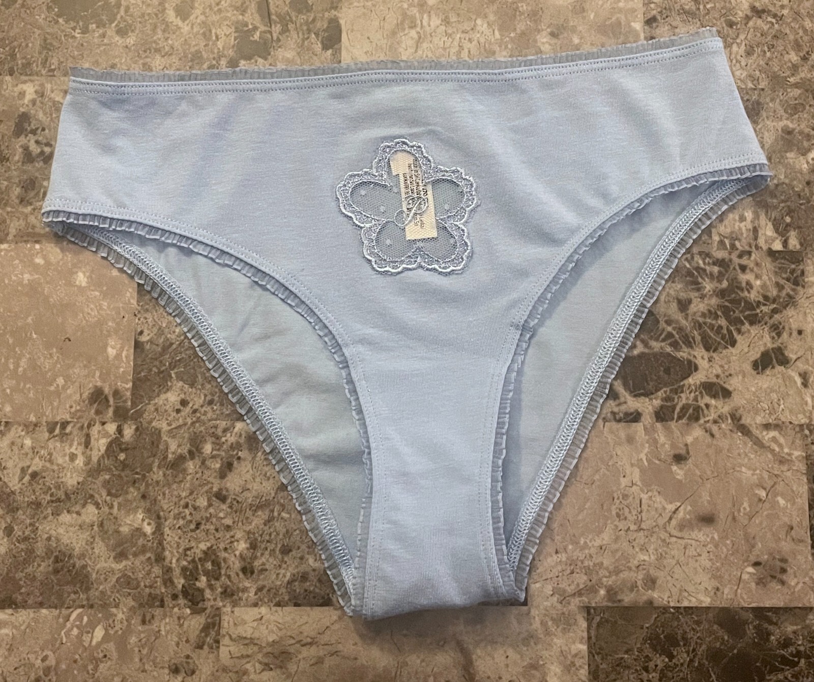 NWT VICTORIA’S SECRET PINK M BLUE EMBROIDERED MESH FLOWER RUFFLE CHEEKY PANTIES