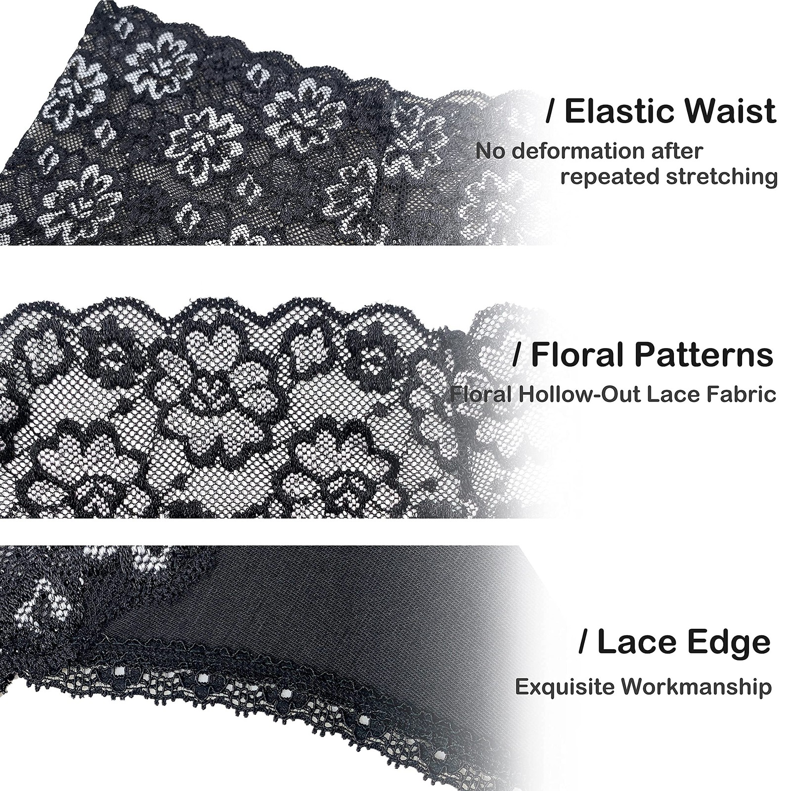 5 Pack Plus Size Leaf Thick Waistband Lace Cotton Thongs Small to 4X-Large