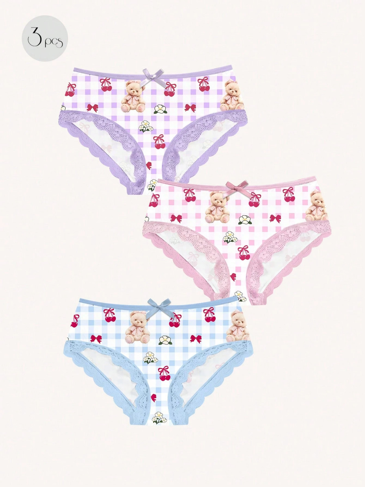 Teddy Bear Baby Plaid Pastel Cute Kawaii Brief Panties – Pack of 3