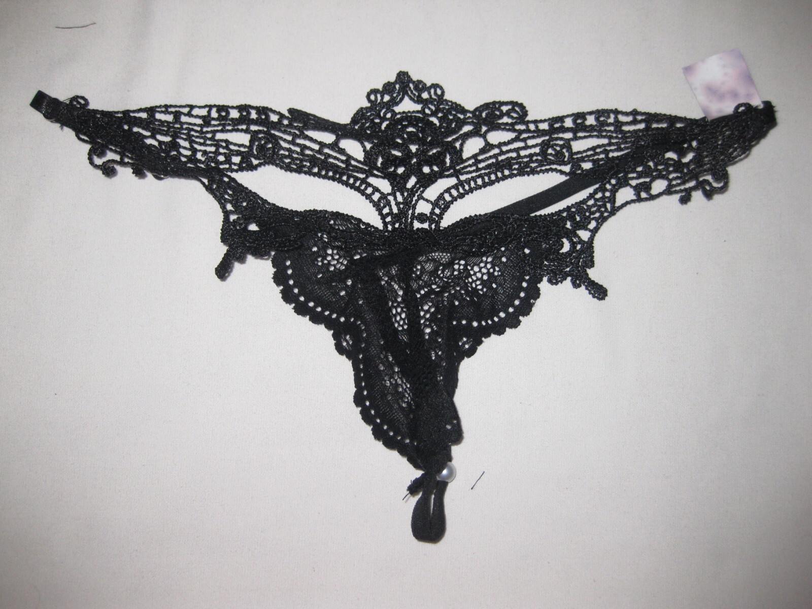 Shein goth elegant ornate lace front faux pearl decor g-string panties S black