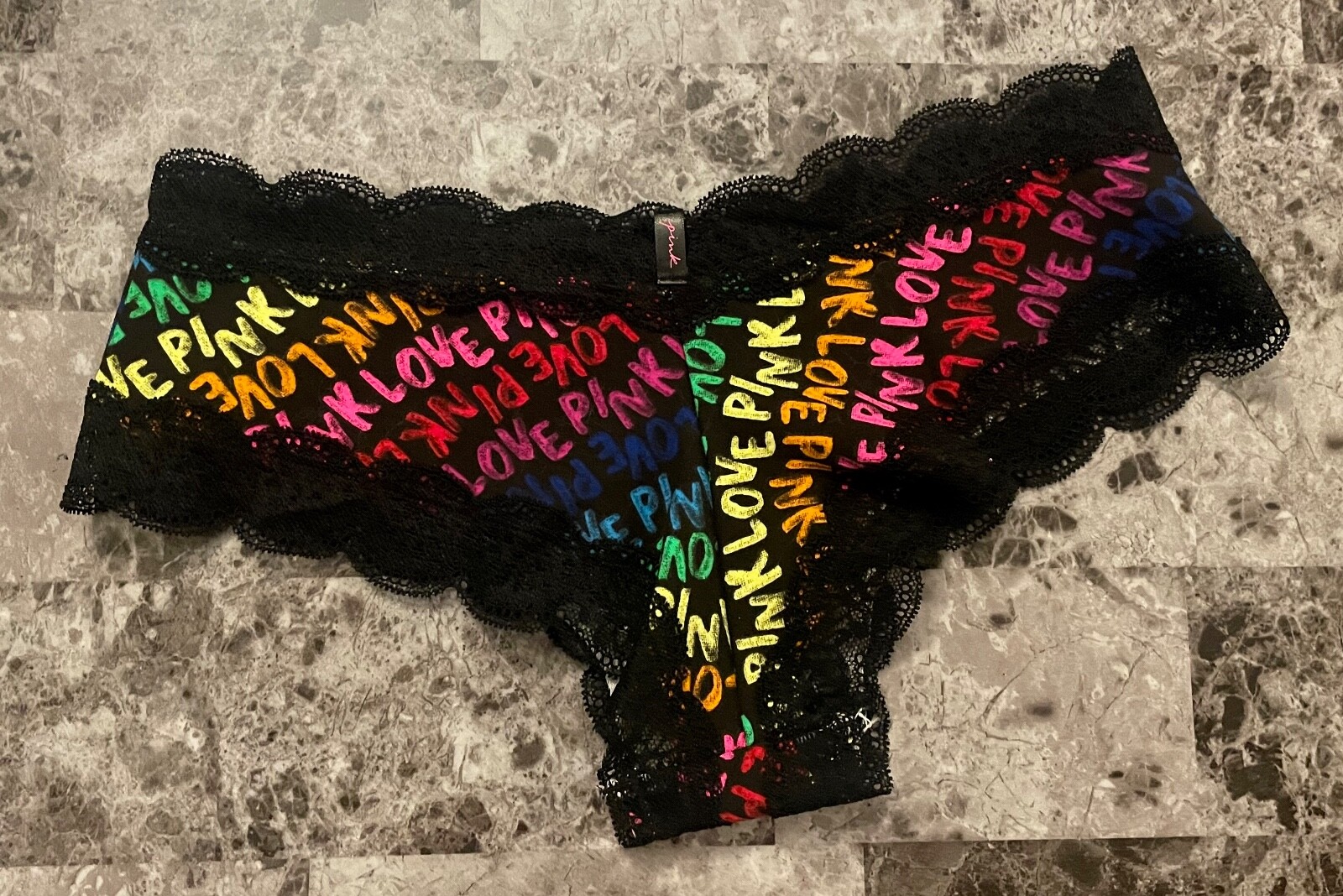 NWT VICTORIA’S SECRET PINK NEON YELLOW GREEN BLUE RAINBOW LOGO CHEEKSTER PANTIES