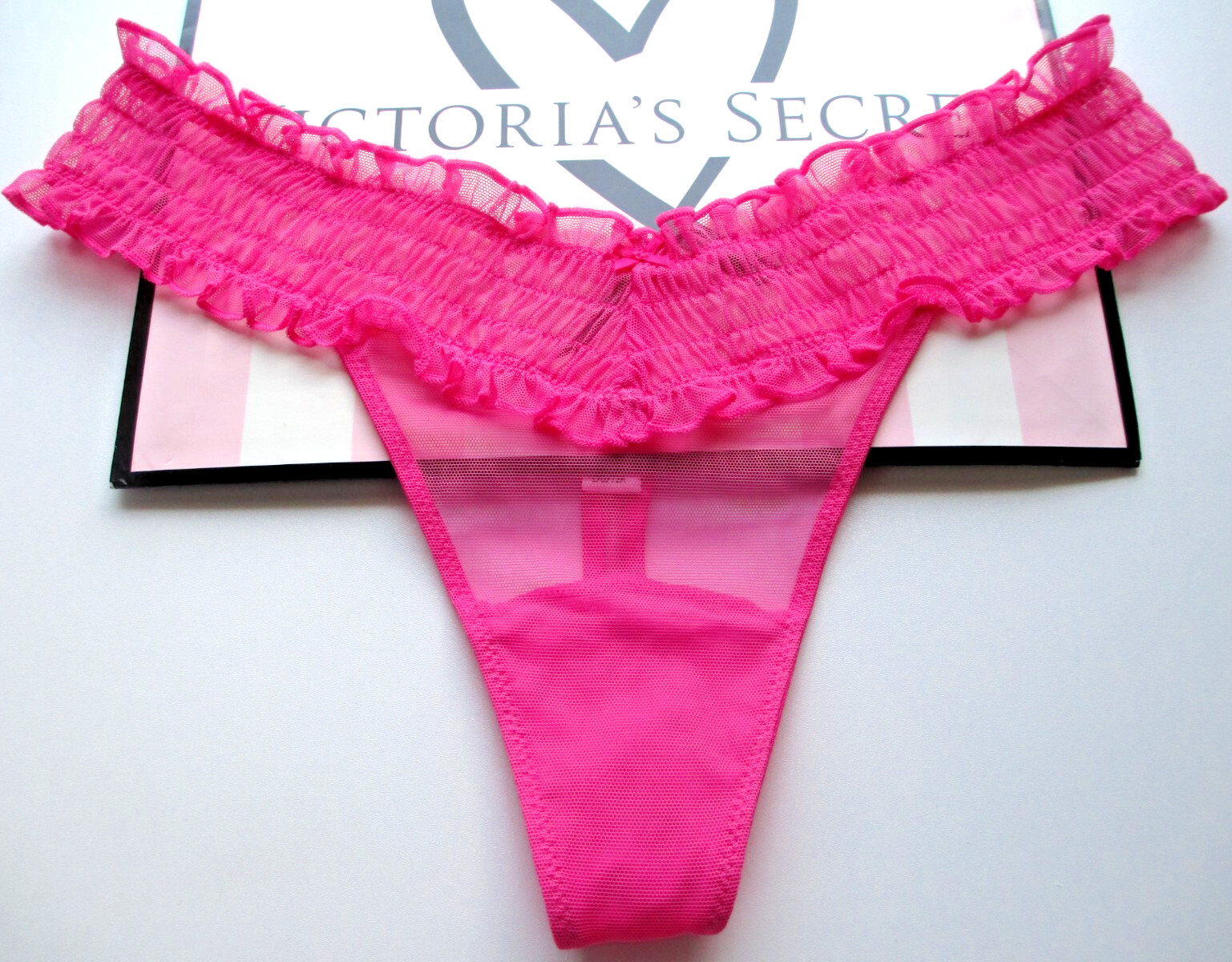 VICTORIA’S SECRET Thong Panty S Pink NWT Ruffle Smocked Lace Mesh VS Small