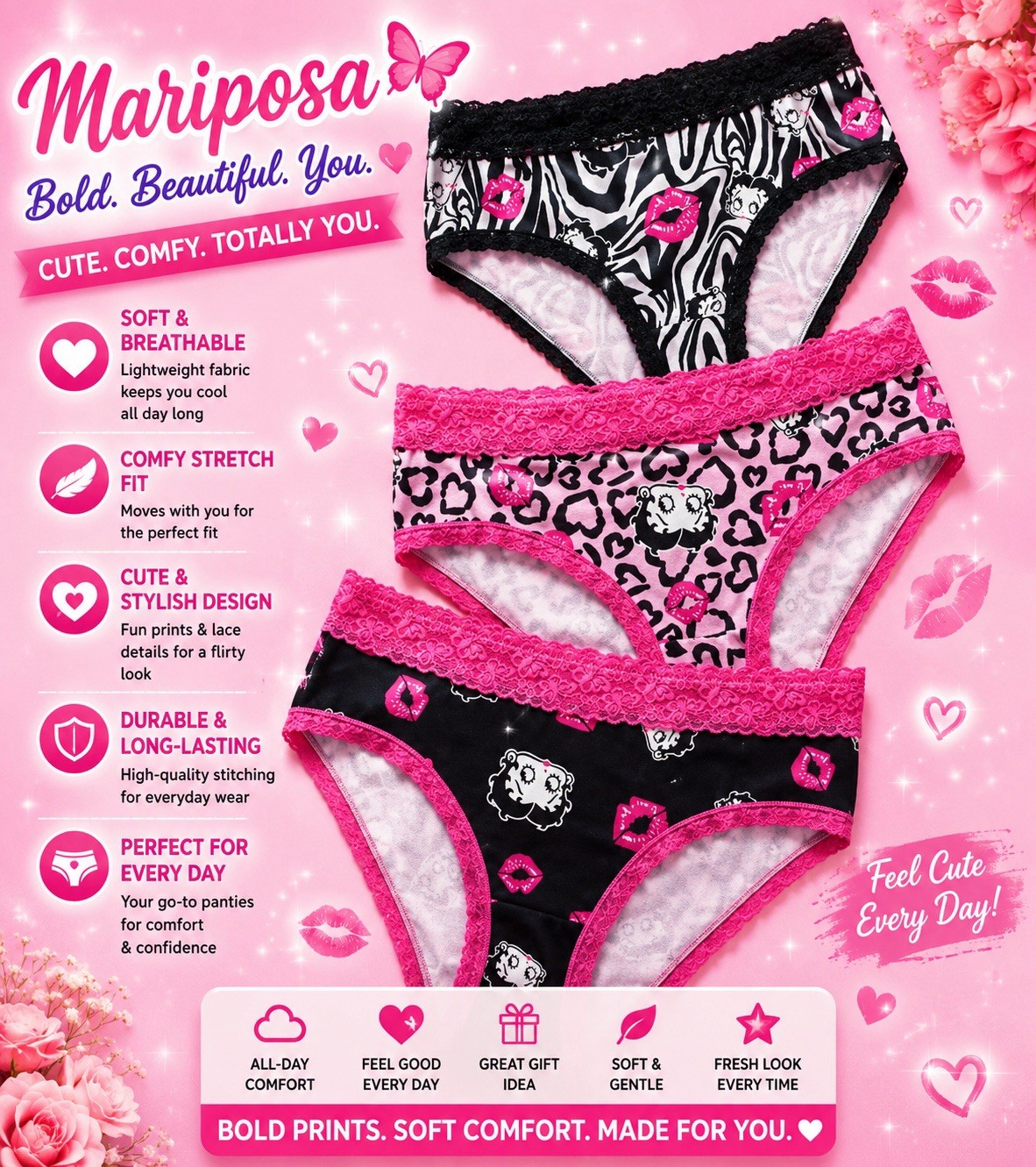 Women’s Teen’s Betty Boop Cartoon Pink Bikini Brief Panties Stretch 3pk Large