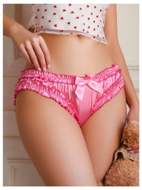 Women’s Satin Panties Cute Bow Frill Trim Briefs Comfortable Mid Medium Pink