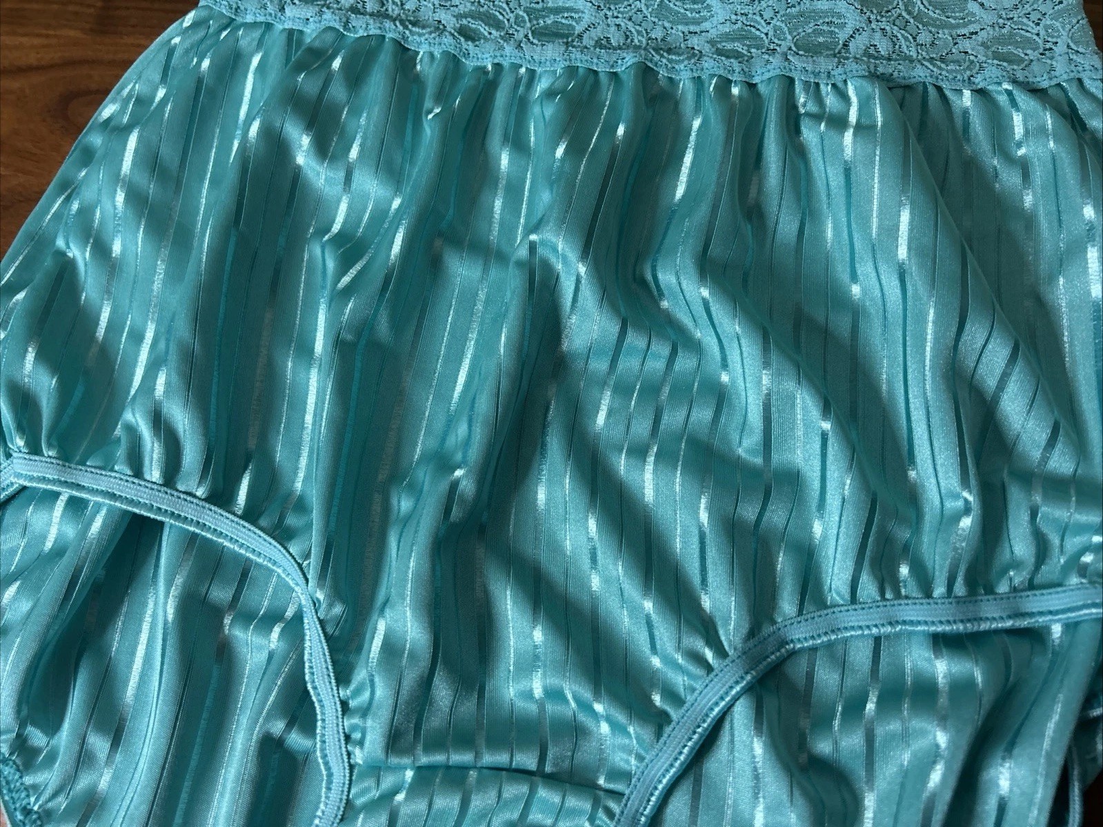 Vtg Panties sz 6 BESTFORM Second Skin satin Bright stripes brief lace Turquoise