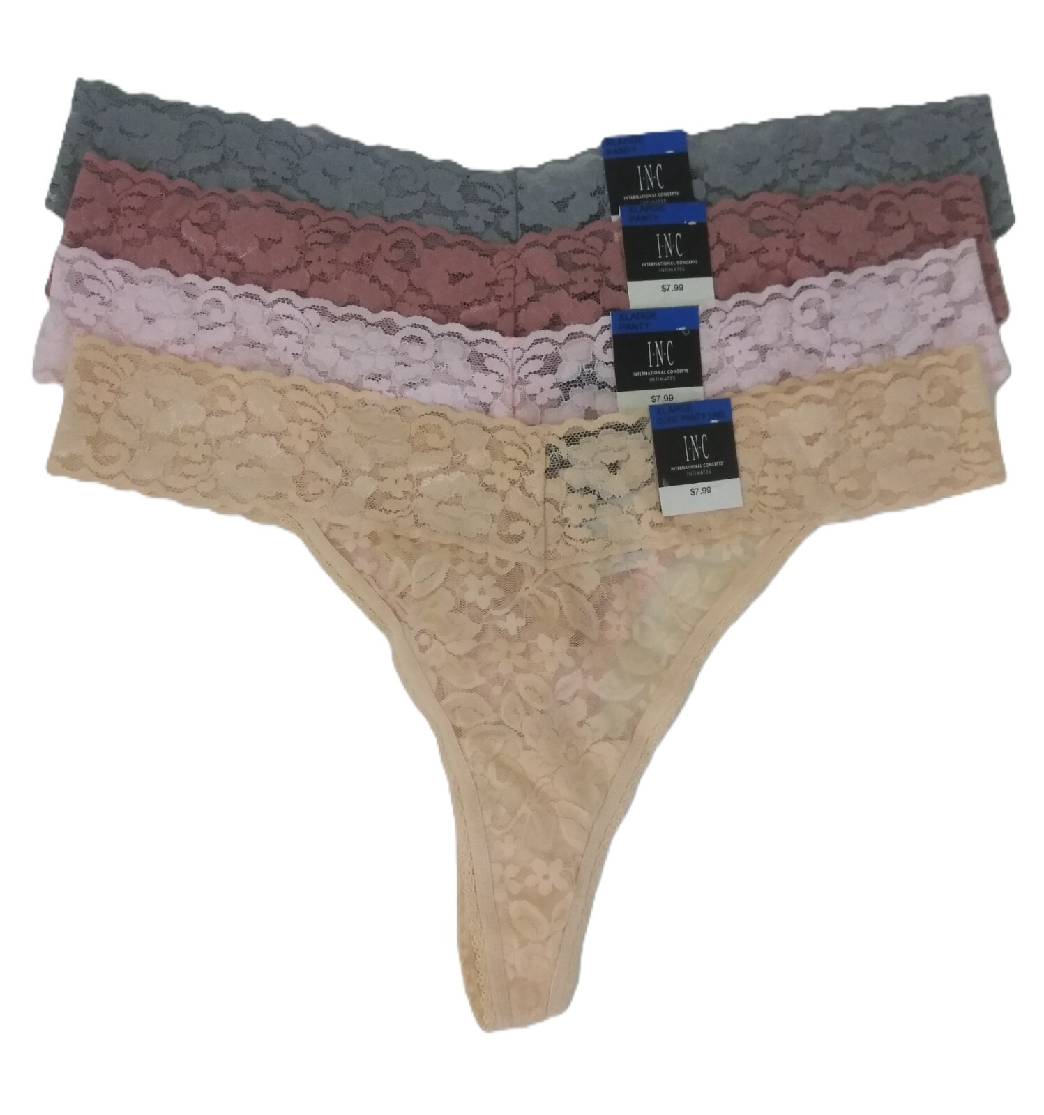 INC International Concepts Womens Lace Thong Underwear XL 4Pairs Gray Pink Beige