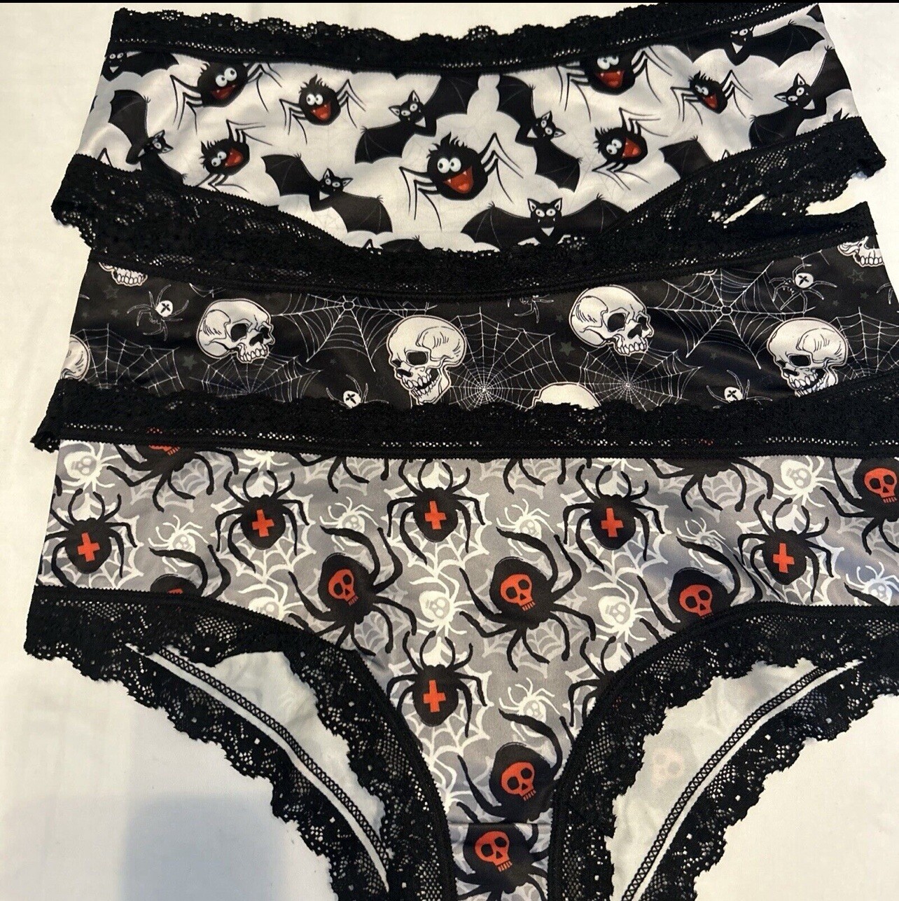 Morvia 3pk lace trim Skater goth Skater Emo panties L Skulls Spiders, Web & Bats