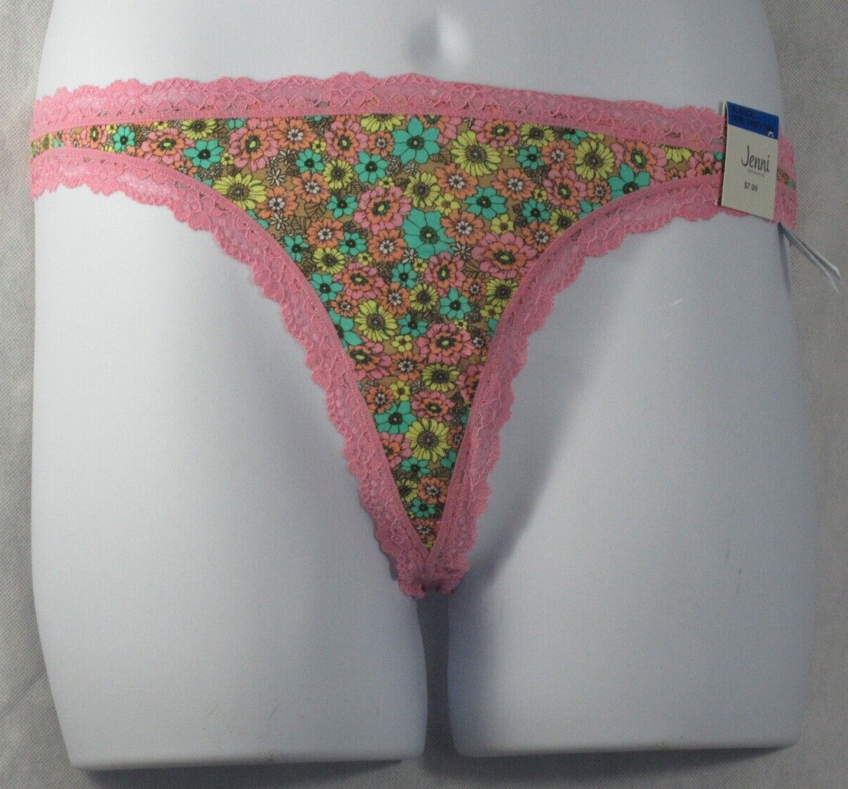 Jenni Women’s Lace-Trim Cotton Thong Panty Underwear, Multicolor Floral, Medium