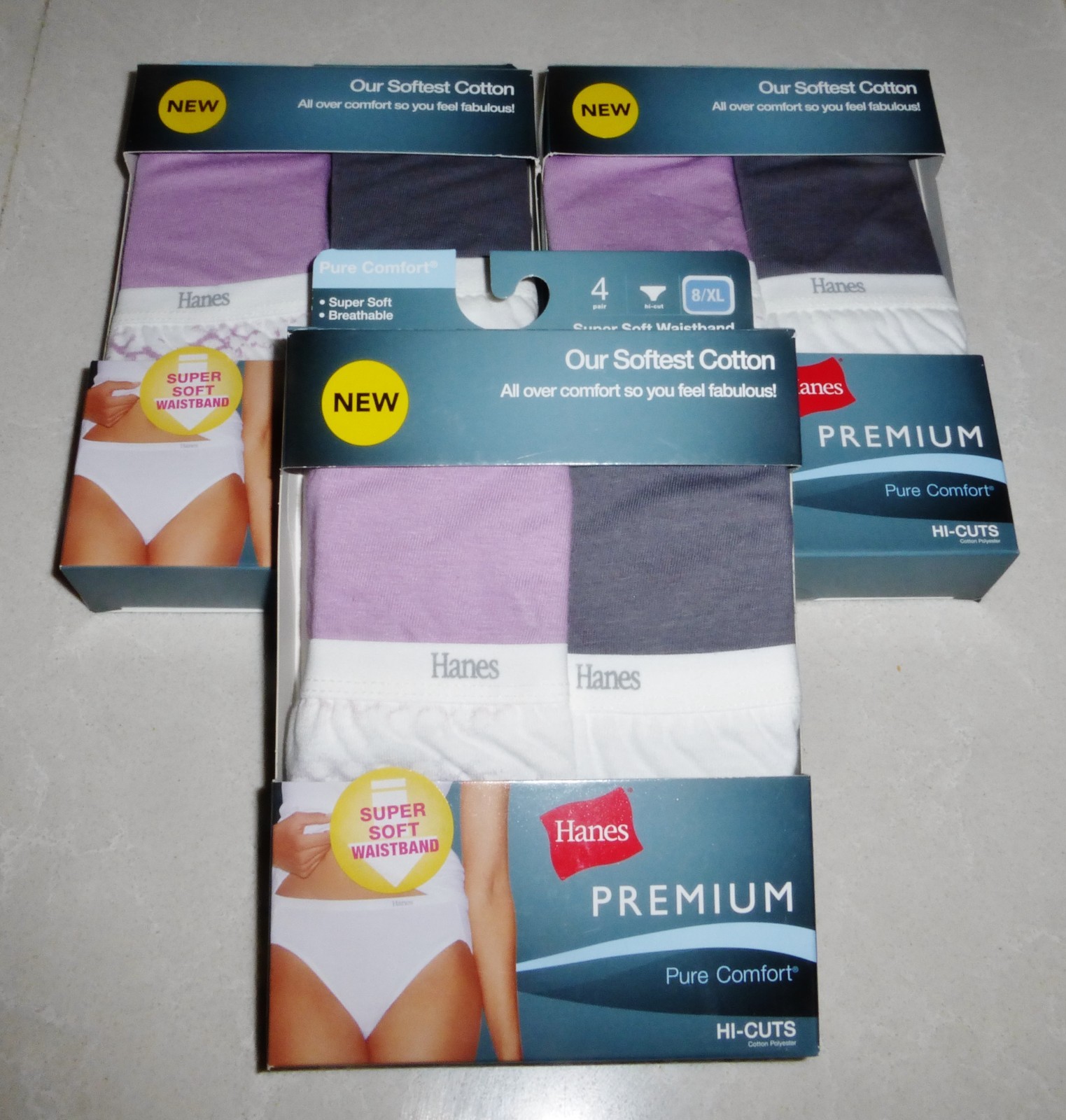 3 packs of 4 NEW Hanes Premium Pure Comfort Hi-Cuts Panties size 8/XL Tagless