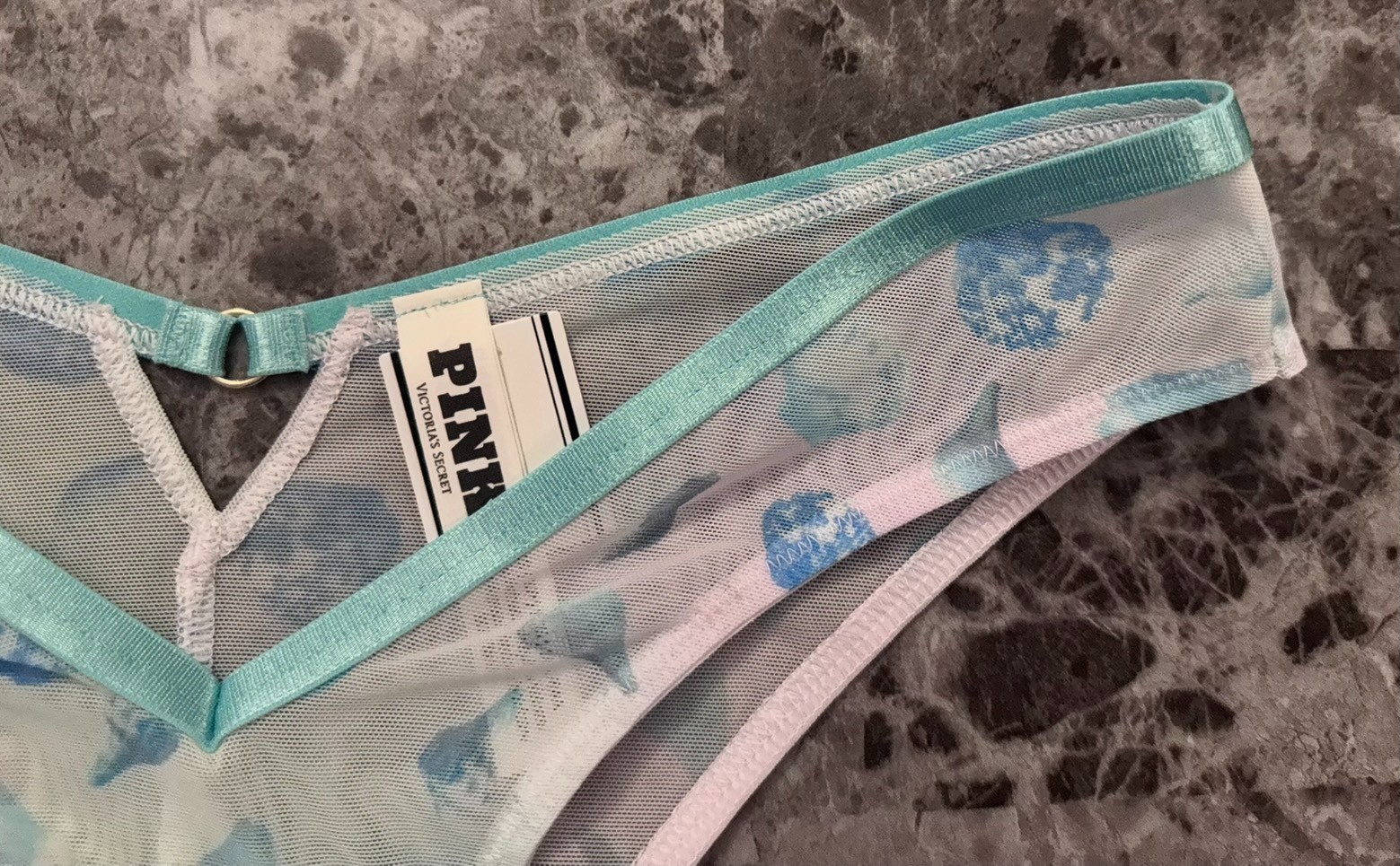 NWT VICTORIA’S SECRET PINK GREEN BLUE SEASHELL MESH V STYLE TANGA CHEEKY PANTIES