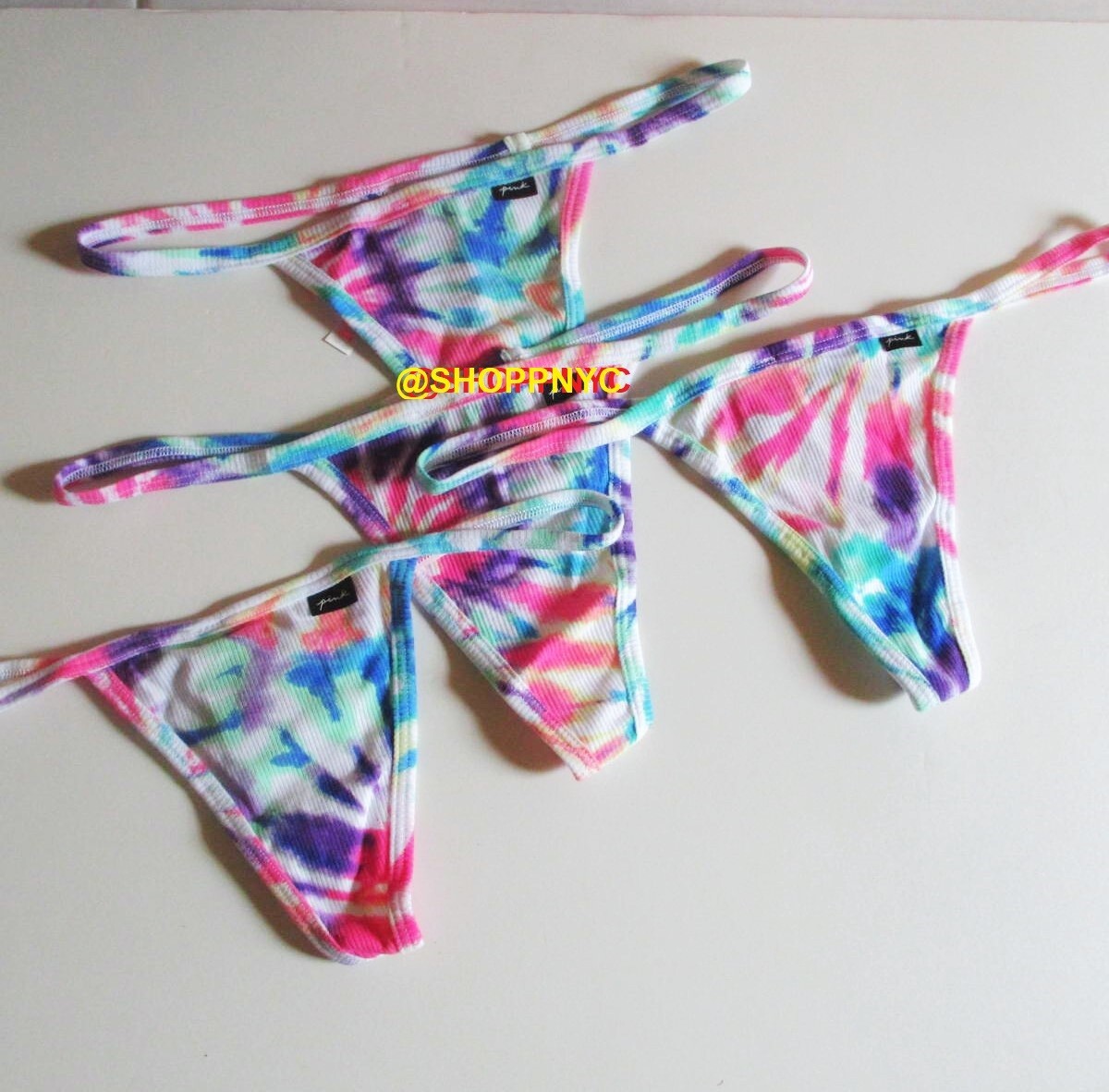 Victorias Secret PINK Cotton V-String Panty Thong S M L Ribbed White Tie Dye NWT