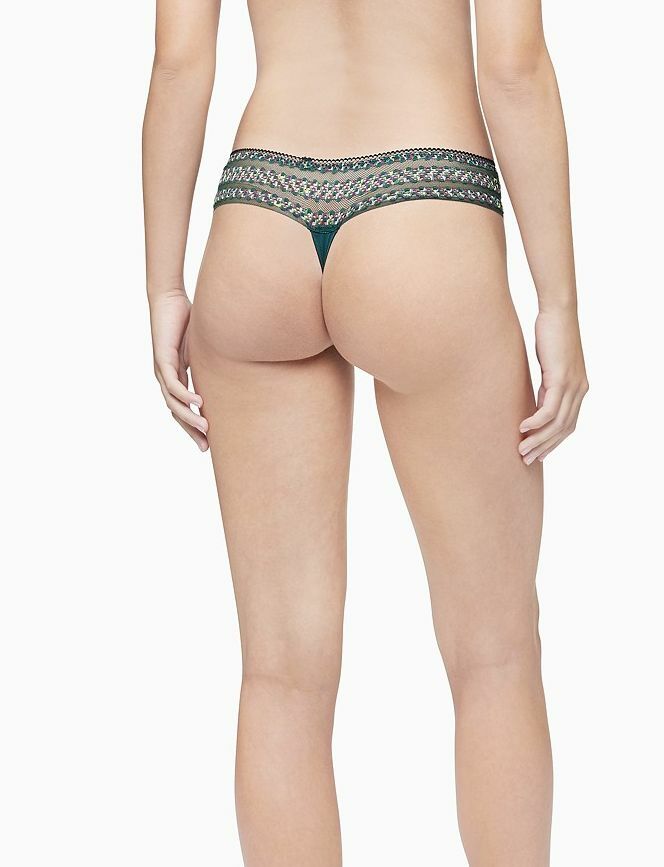 NWT Calvin Klein QF5874 “Striped Lace” Nylon w/ Lace Thong, Dark Green (989)