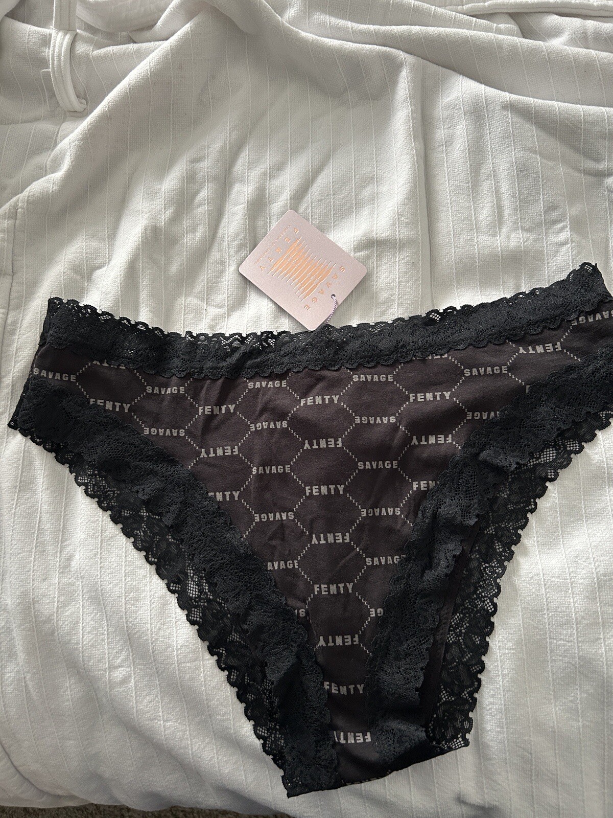 SAVAGE X FENTY Womens Cotton Essentials Black Caviar Lace Cheeky Panty Bikini 1X