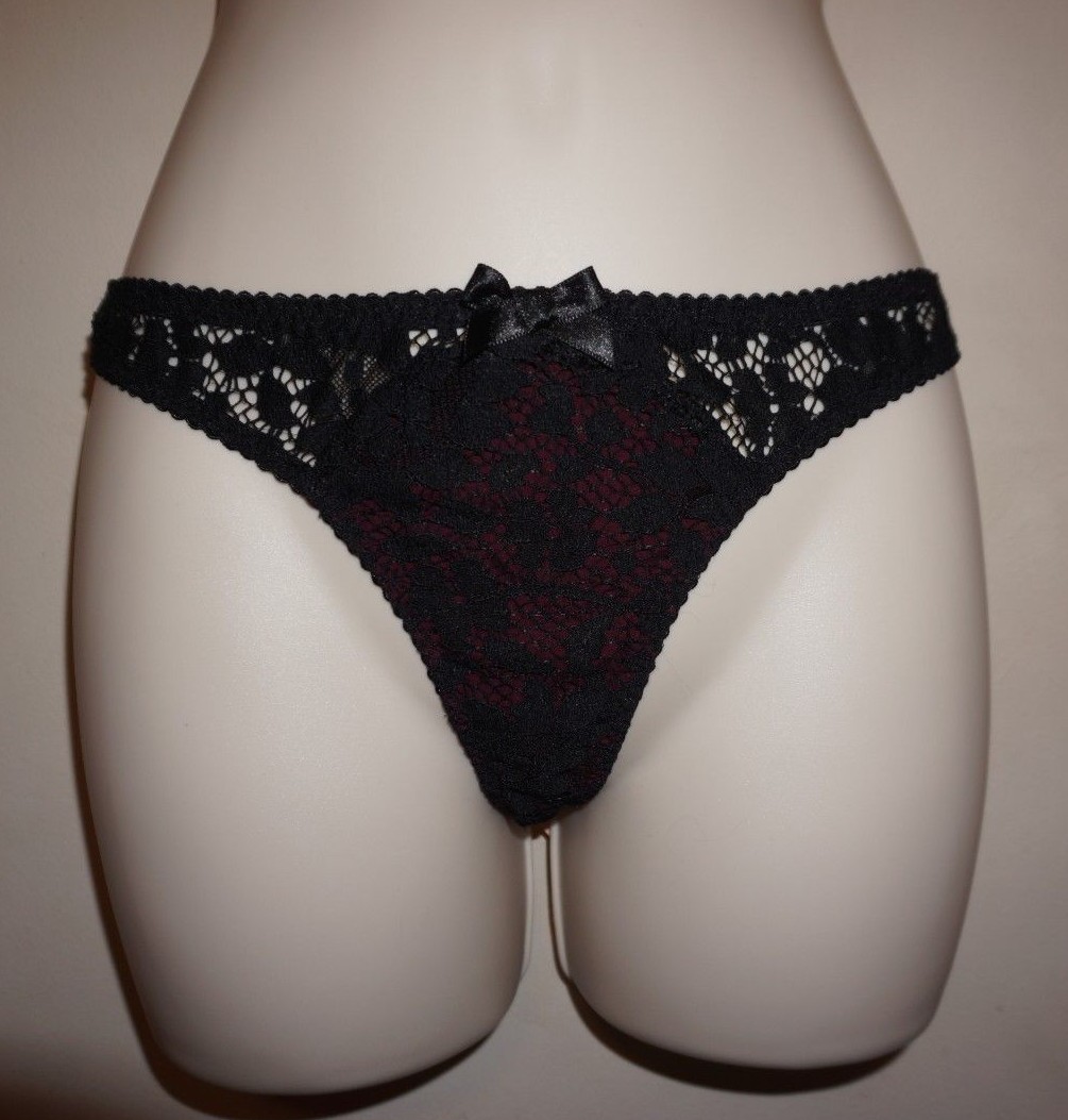 Agent Provocateur Nicolle thong black lace with dark cherry satin size 2 S NWT
