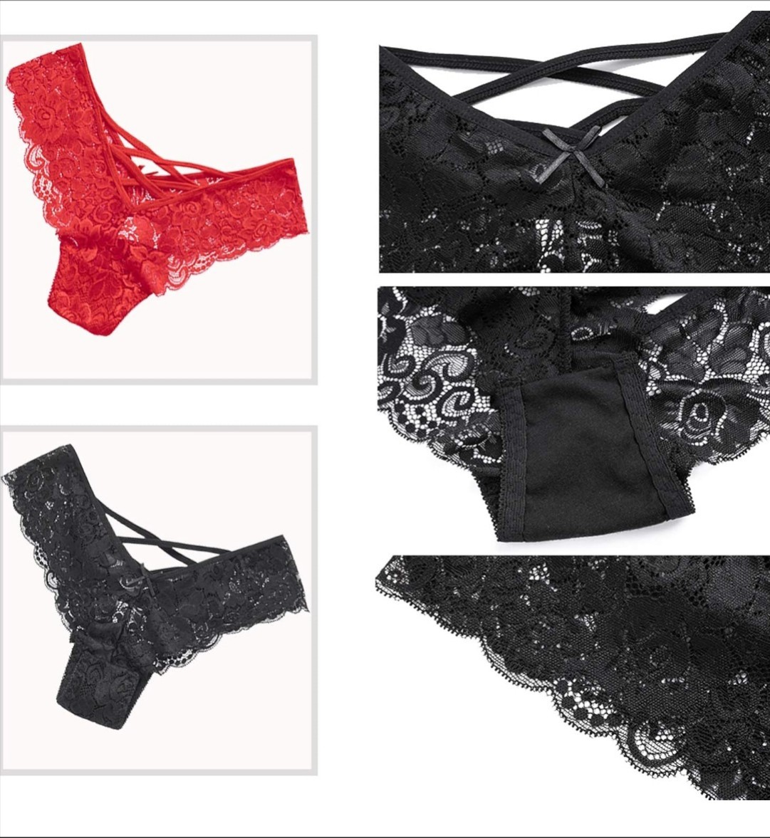 Anna & Eric 4-Pk Floral Lace Sexy V-Back Criss Cross Mid Rise Thong Panties SZ-L
