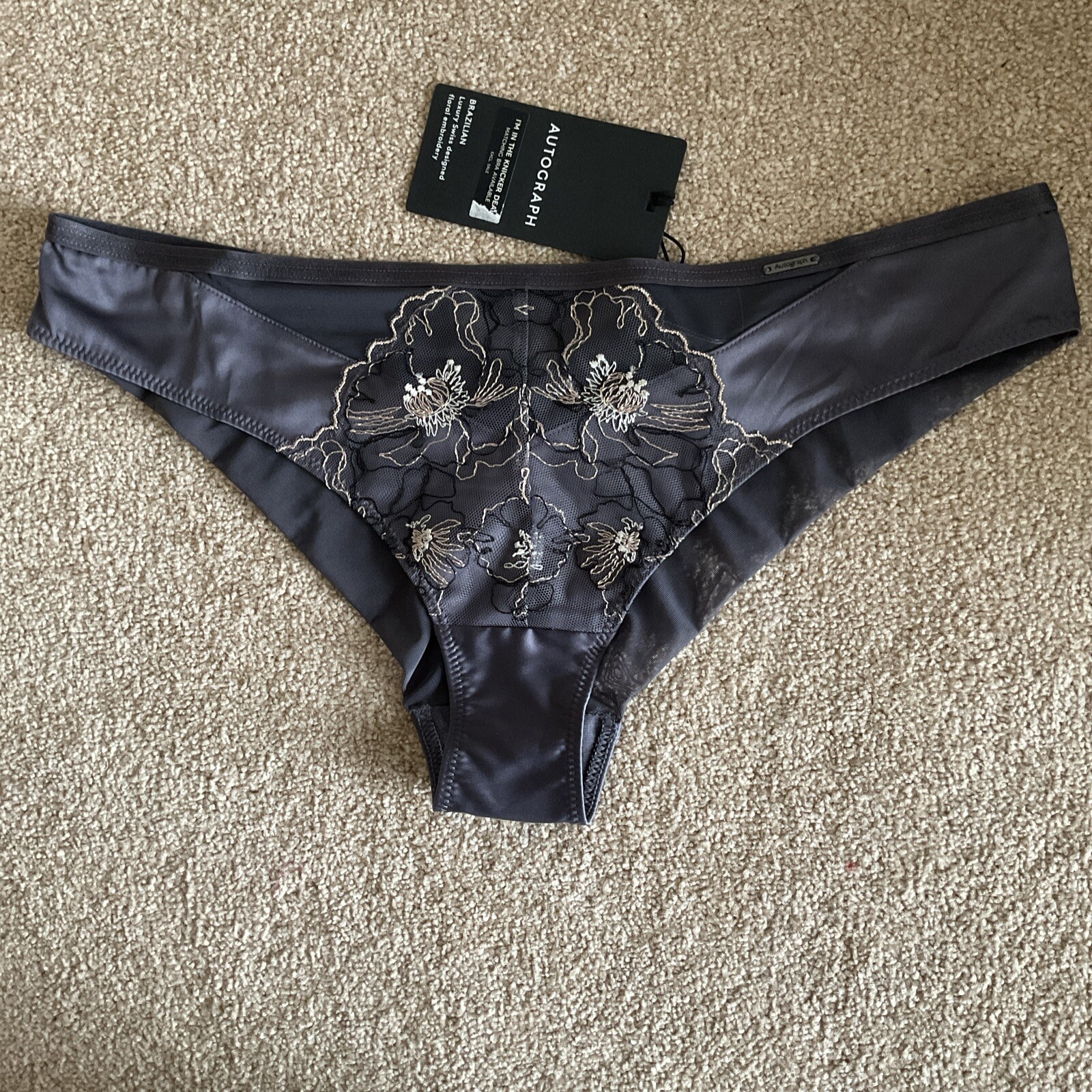 M&S Size 12 Autograph Allure Brazilian Knickers Luxury Swiss Embroidery Grey
