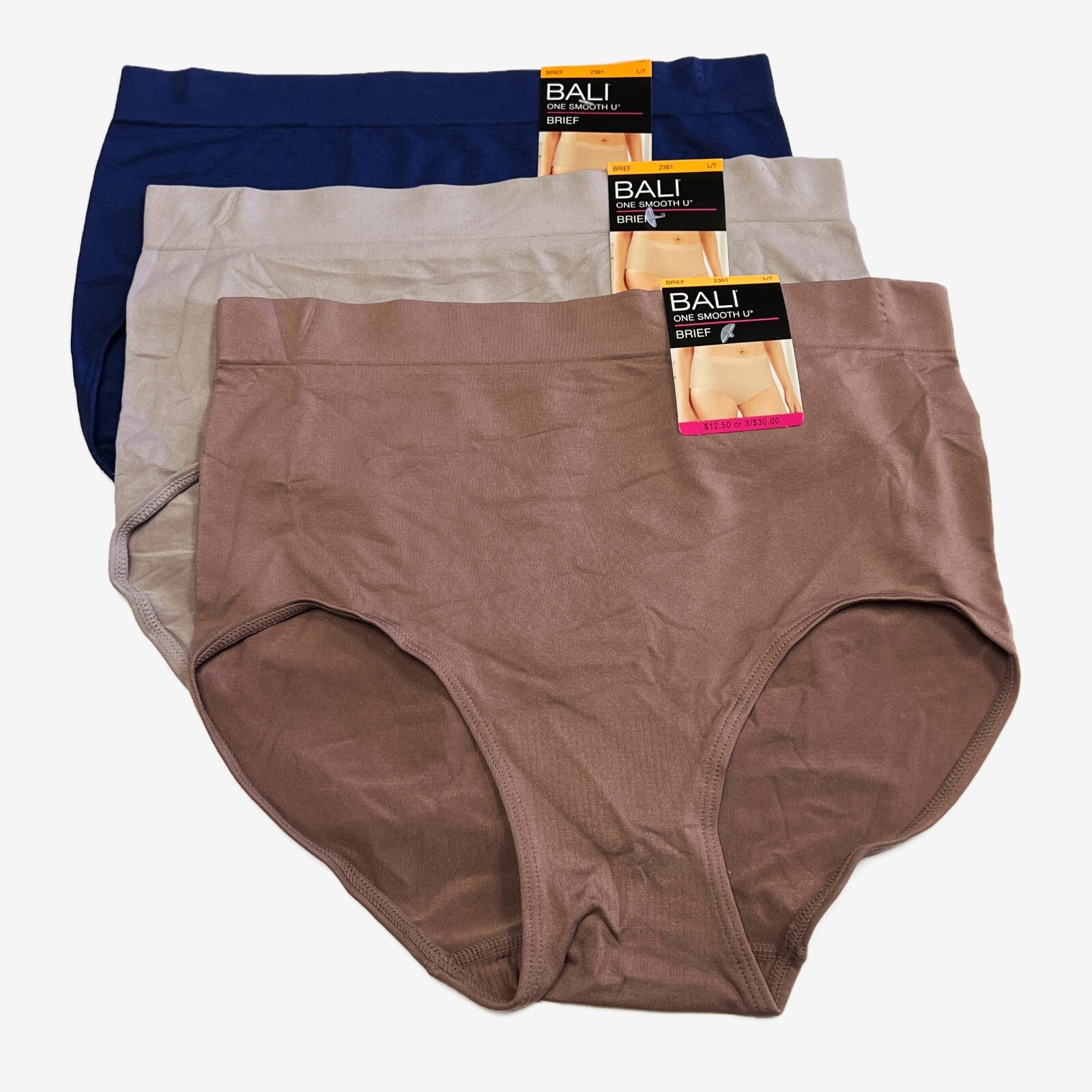 Bali One Smooth U Brief Panty L Size 7 LARGE NWT 2361 Underwear 3 PACK Panties