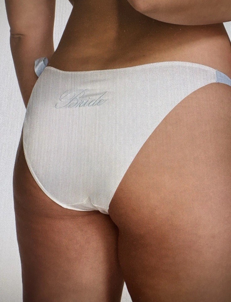 Victoria Secret Tease White Satin embroidery “BRIDE” Blue Side Ties Cheeky NWT M
