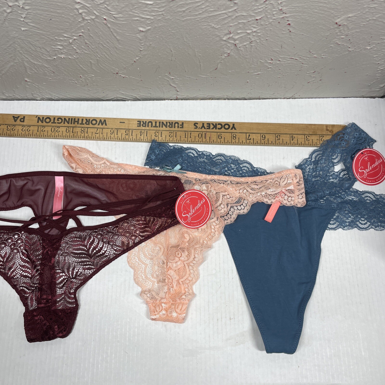 Splendies Panties Thongs lot of 3 with tags. Burgundy Peach Blue Lace Size 3X