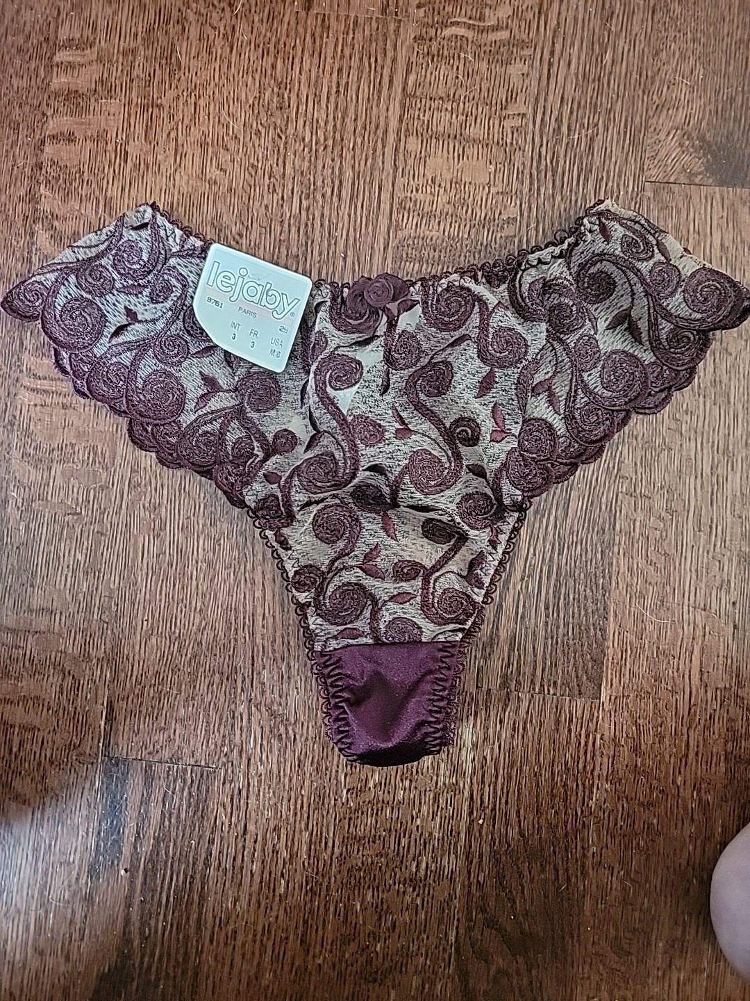 Lejaby Panties Sz M 6 Sheer Embroider Swirly Floral Rosette Tan Eggplant NWT
