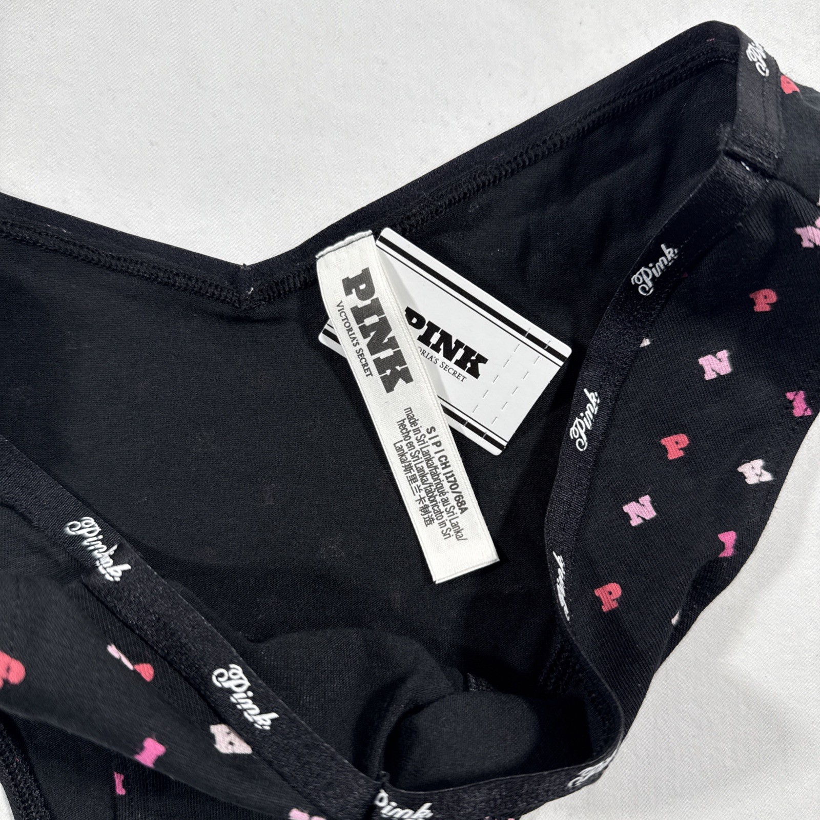 Victoria’s Secret PINK Logo Cotton High Leg Panties Black Block ‘Pink’ Print S