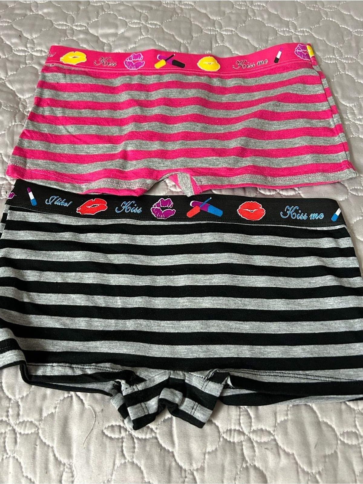 Women’s Striped ‘Kiss’ Boyshorts – Pink/Grey & Black/Grey (2-Pack)