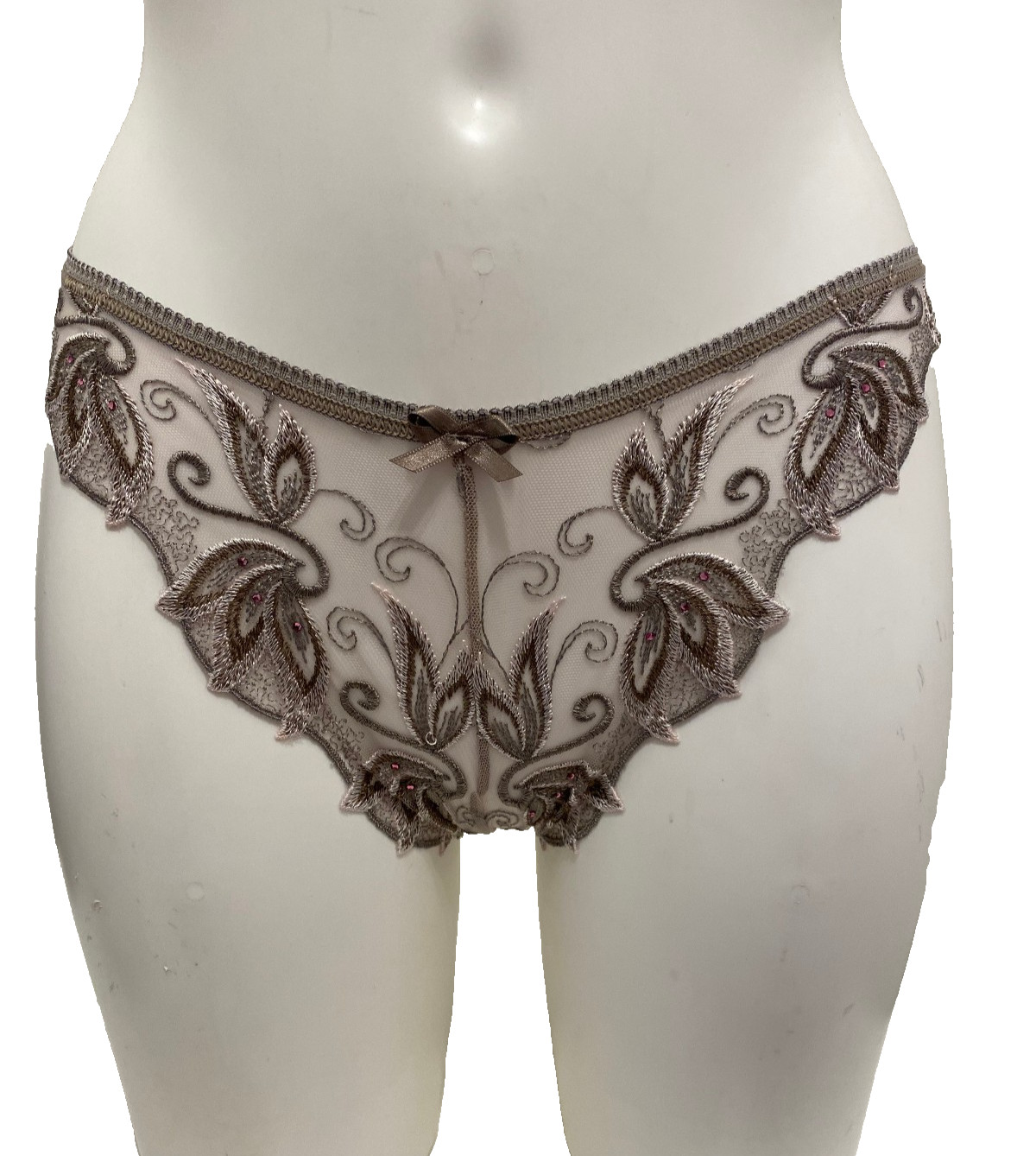 Adore Taupe Briefs 10 – 12 Sheer see through floral lace rhinestones knickers