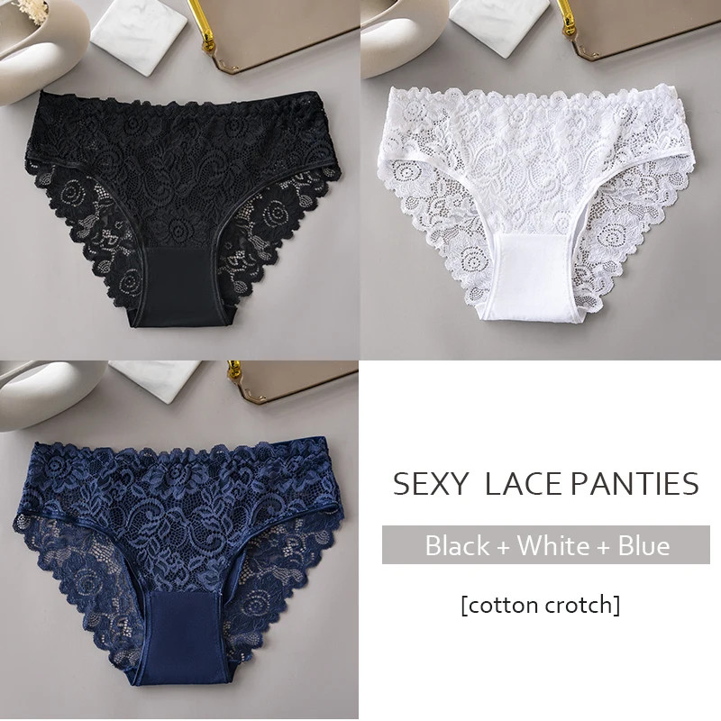 3PCS Women Lace Briefs Set Sexy Floral Underwear 95% Cotton Soft Mid Rise Pantie