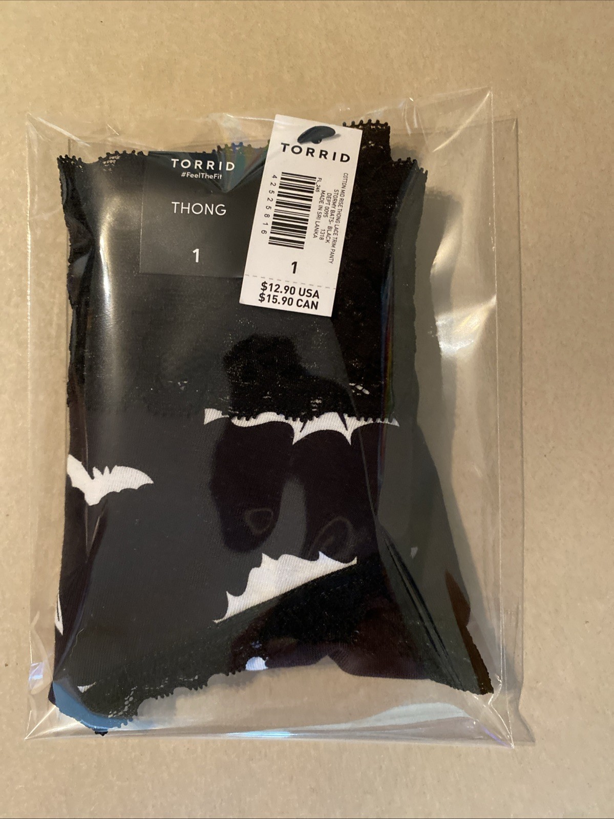 Torrid Thong Cotton Mid Rise Lace Trim Panty Stormy Bats Size 1 – 1X – 14/16