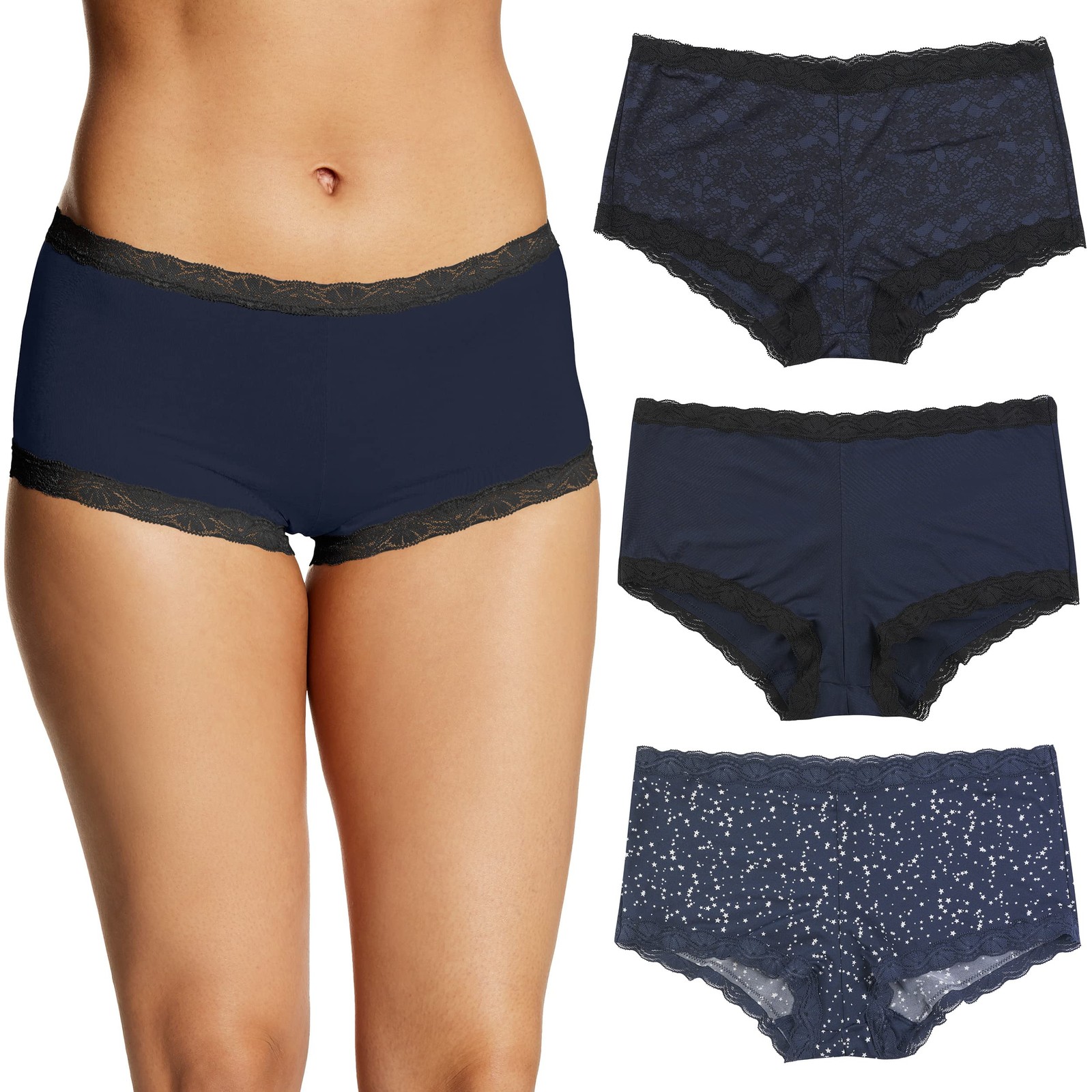 Maidenform Women’s Underwear Shorts 3-Pack Microfiber Lace Panties Navy Large