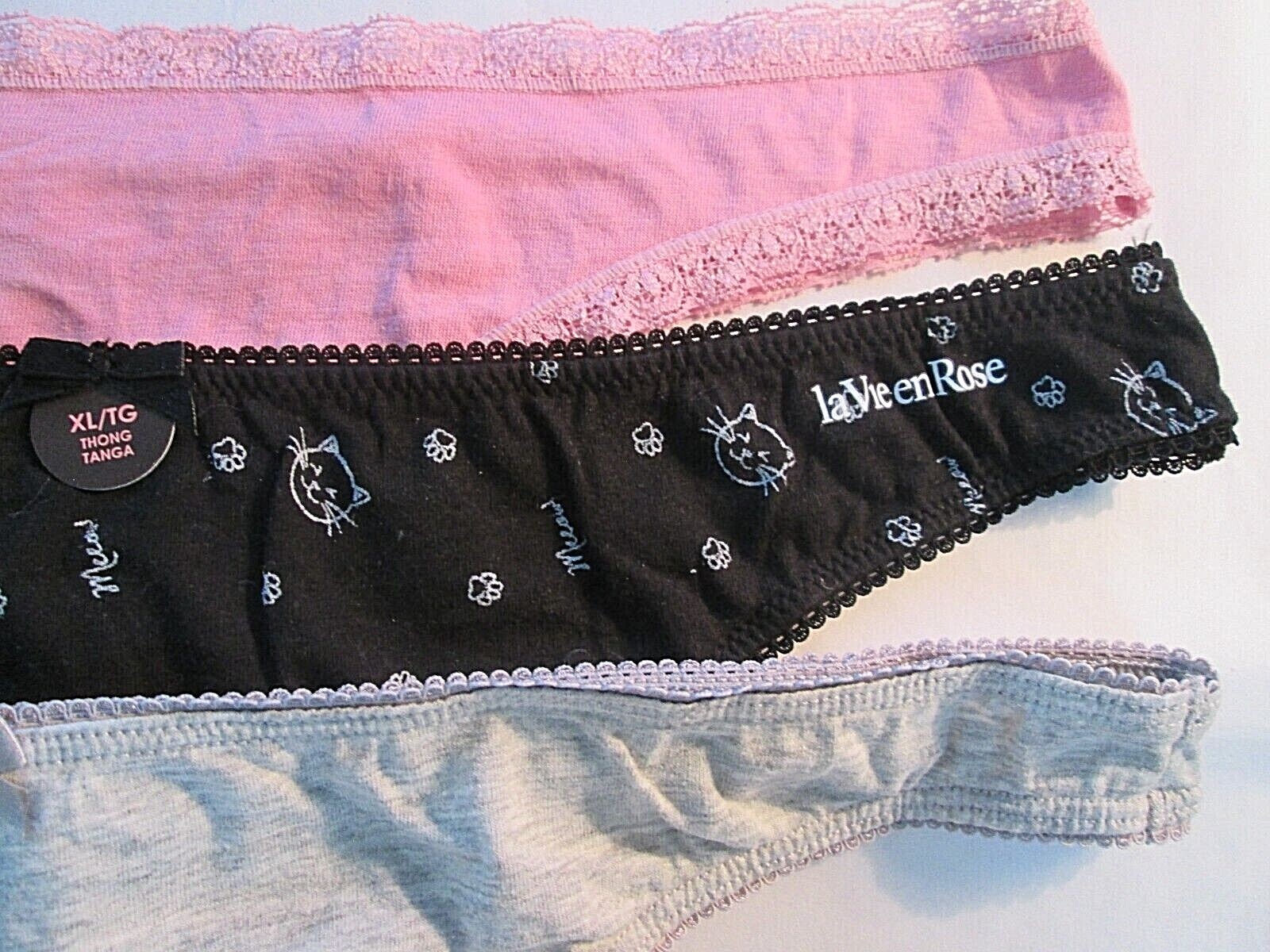 New 3 Cotton Thongs💙la Vie en Rose & H&M💙Size XL💙Black Cat Print, Gray & Pink