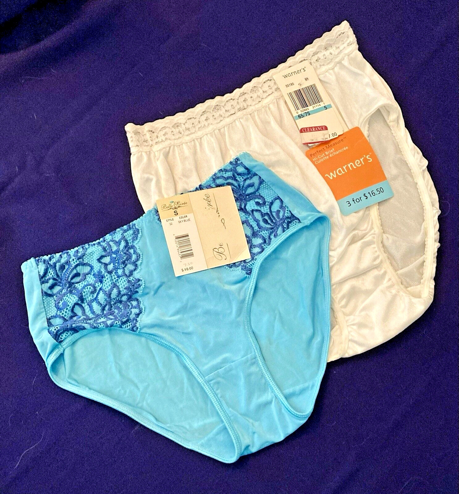 2 Panties sz S Warners Hi Cut Brief White #55195 Belle Soiree Low Cut Blue #22