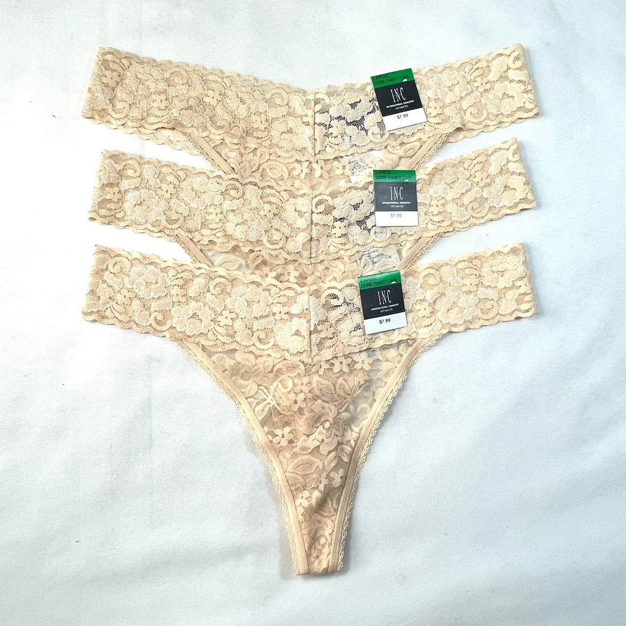 NWT 3-Pack INC International Concepts L Lace Thong Underwear, Almond Latte