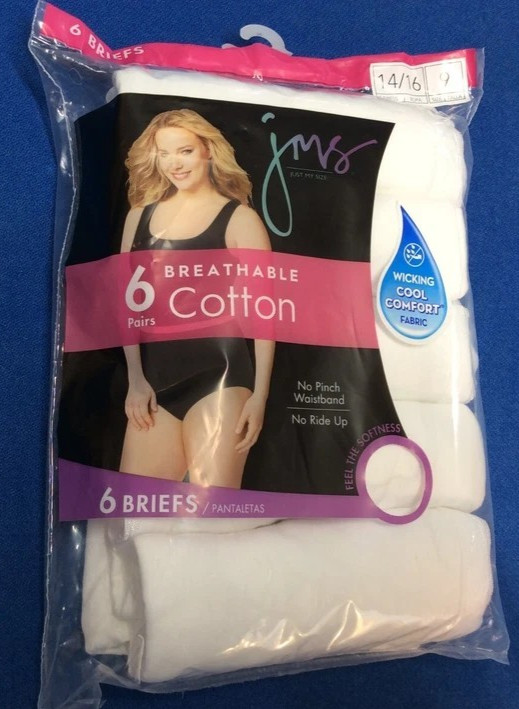 JMS (Just My Size) Women’s Brief Panties White 100% Cotton 6 Count Size 14