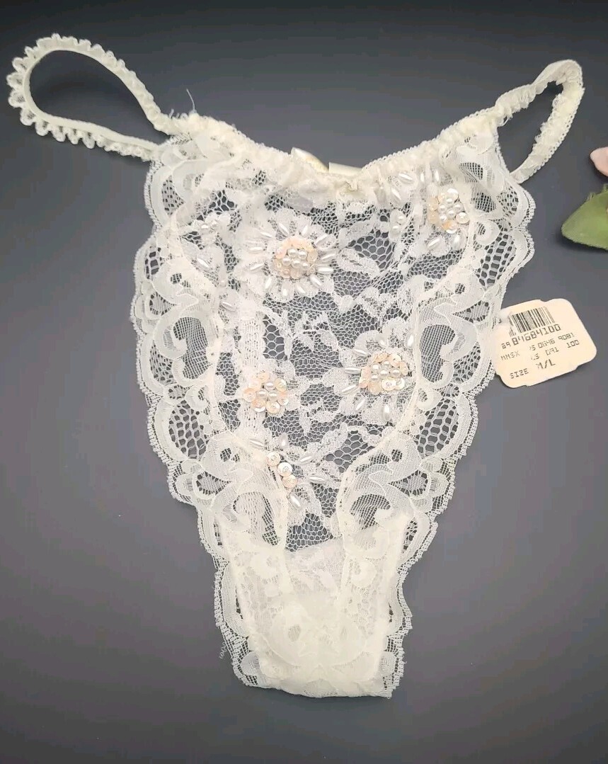 VTG M/L Victorias Secret 80’s 90’s T String G String Thong Panties Beaded Lace